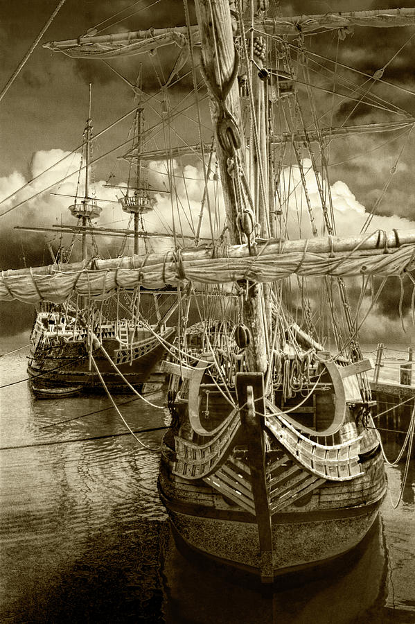 Sepia Tone of the Three Ships the Susan Constant, Godspeed, Discovery at Jamestown Harbor Photograph by Randall Nyhof