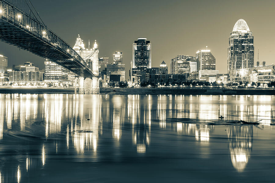 Sepia Toned Cincinnati Ohio River Skyline Photograph by Gregory Ballos