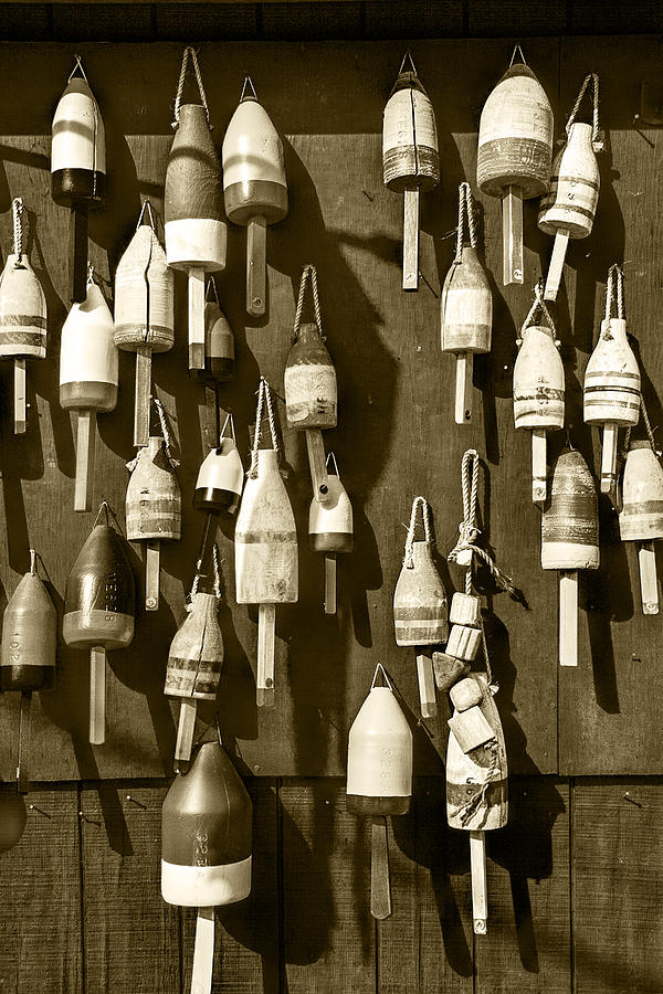 Sepia Toned Fishing Buoys in Maine Photograph by Randall Nyhof