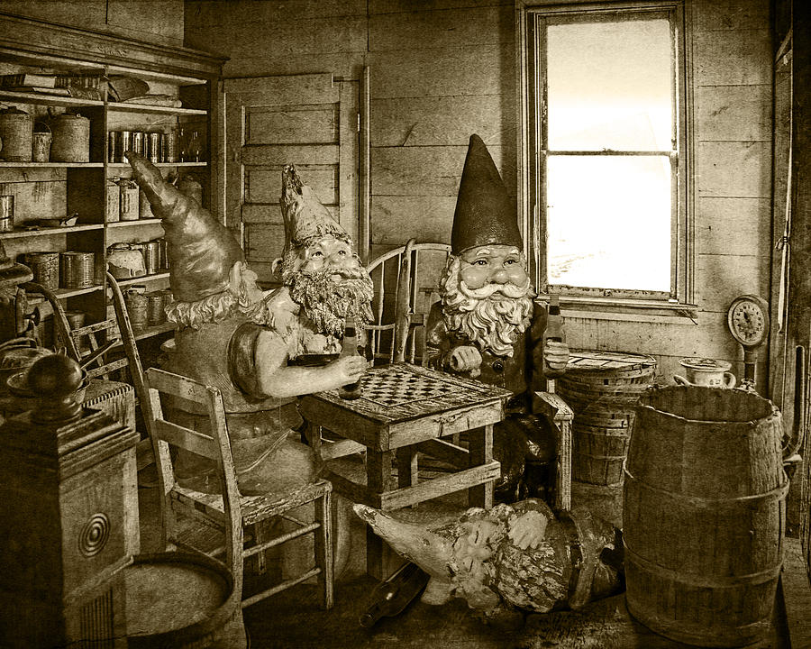 Fantasy Photograph - Sepia Toned Garden Gnomes Playing Checkers by Randall Nyhof