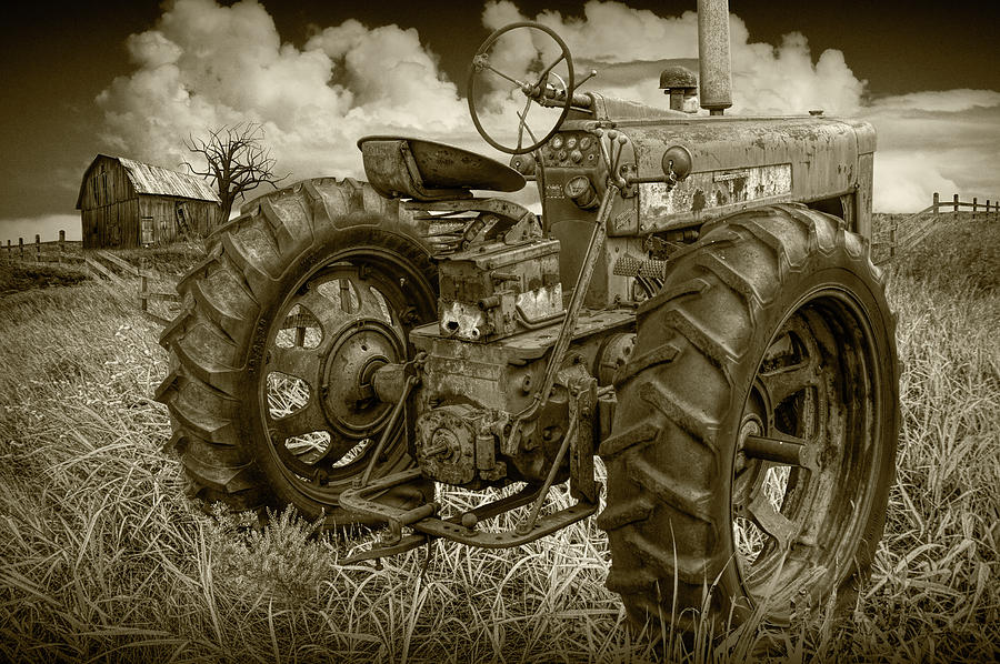 Sepia Toned Old Farmall Tractor in a Grassy Field Photograph by Randall Nyhof
