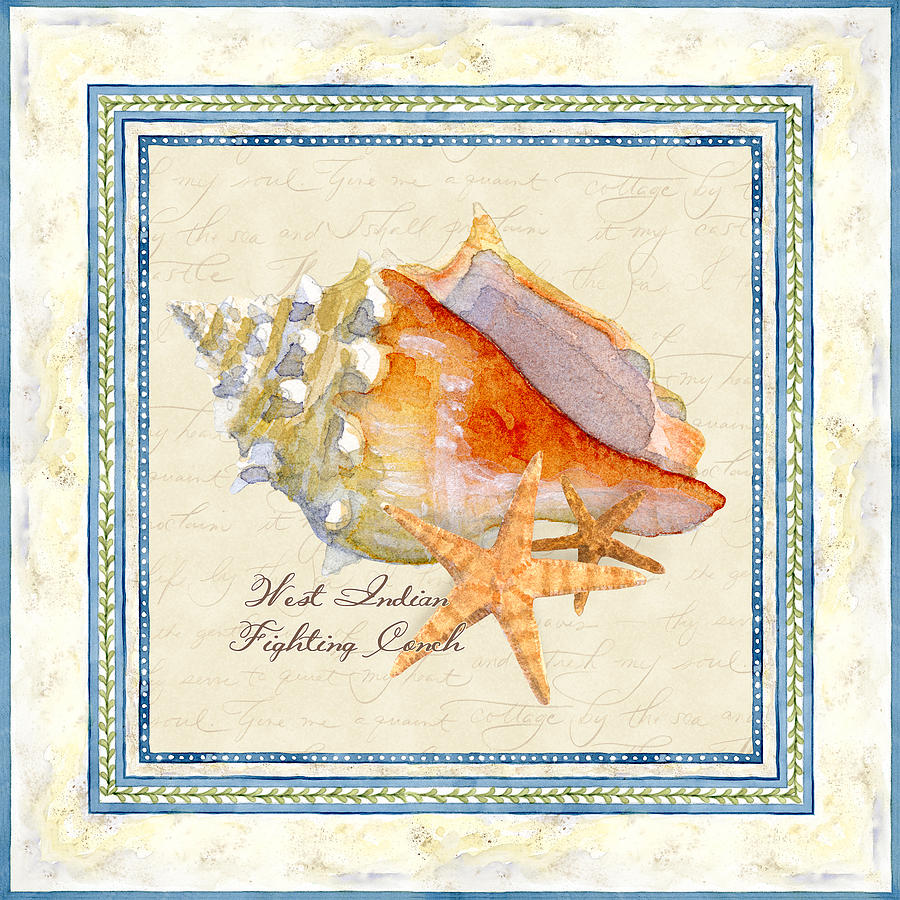 Shell Painting - Serene Shores - West Indies Fighting Conch n Starfish by Audrey Jeanne Roberts