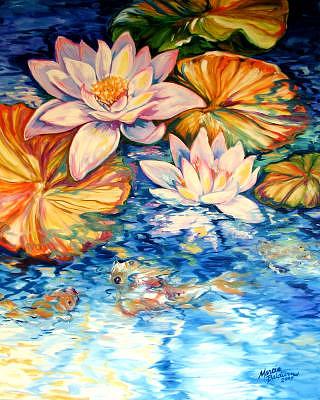 Koi Painting - SERENITY By M BALDWIN A WATER LILY KOI POND ORIGINAL by Marcia Baldwin