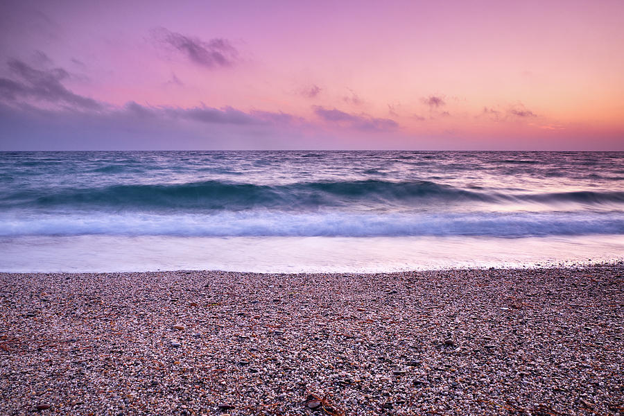 Serenity sea. Purple sunset at the beach Photograph by ...