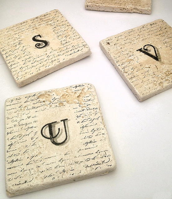 Set of 2 Monogram Tile Coasters with Script Mixed Media by Angela Rath