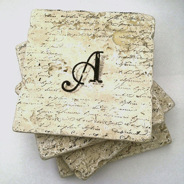 Set of 4 Monogram Tile Coasters with Script Mixed Media by Angela Rath