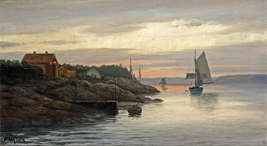 Setting Sail from the Fjords at Sunset   Painting by Martin Aagaard