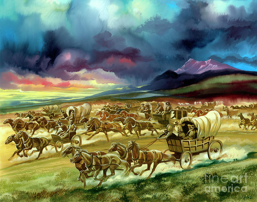 Mountain Painting - Settlers on a land race into Indian territory by Ron Embleton