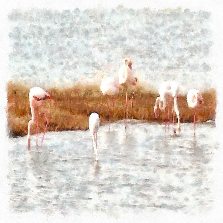 Flamingo Painting - Seven Flamingos A Feeding Watercolor by Taiche Acrylic Art
