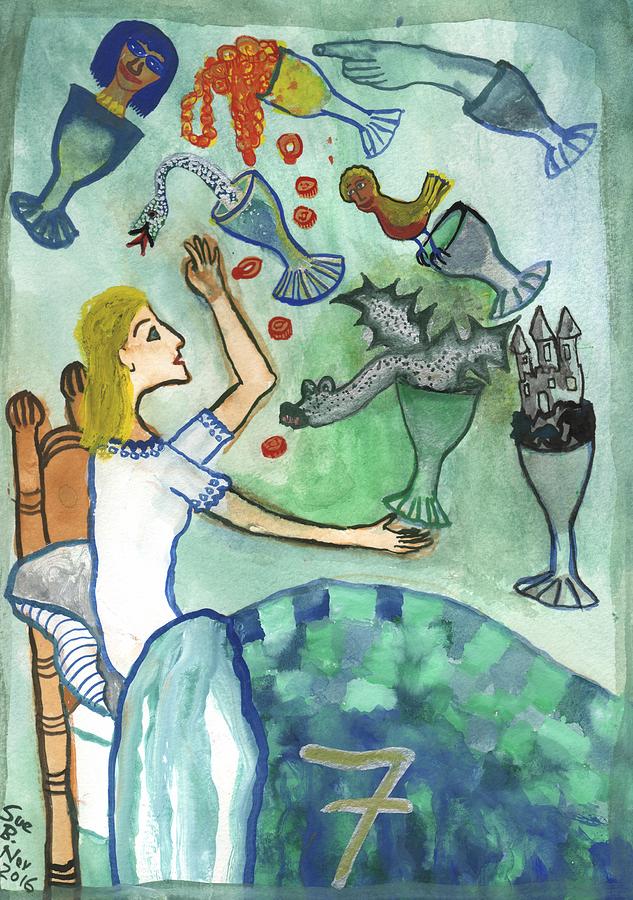Tarot Painting - Seven of Cups and Strange Dreams by Sushila Burgess Tarot Painting - Seven of Cups and Strange Dreams by Sushila Burgess