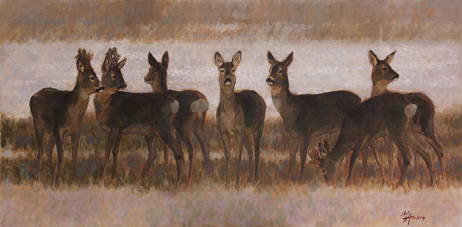 Seven Roe Deers Painting by Attila Meszlenyi