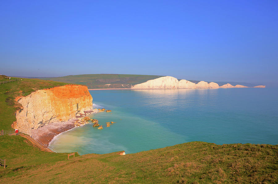 Seven Sisters chalk cliffs East Sussex England with beautiful turquoise ...