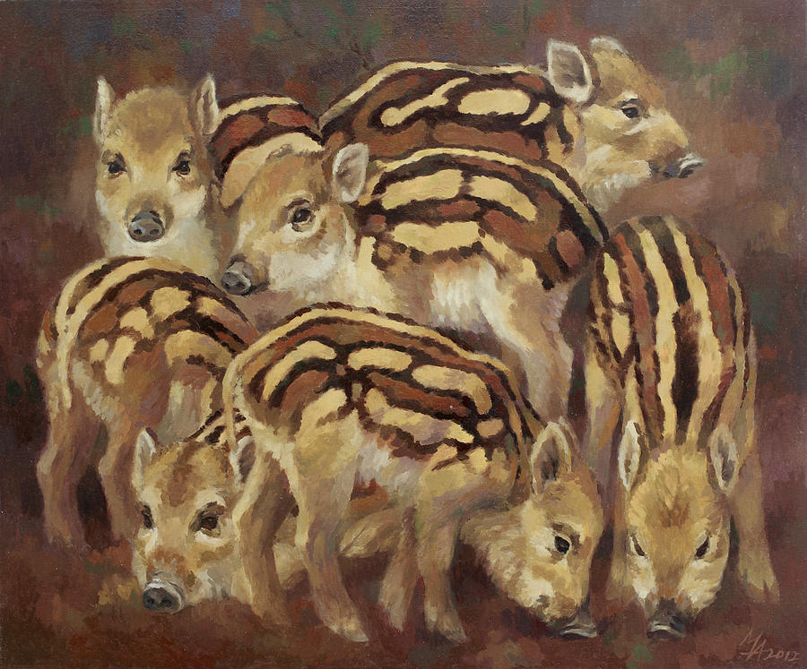 Seven Wild Boar Piglets Painting by Attila Meszlenyi