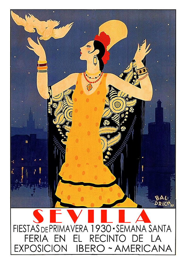 Seville, festival, lady with pigeons, travel poster Painting by Long Shot
