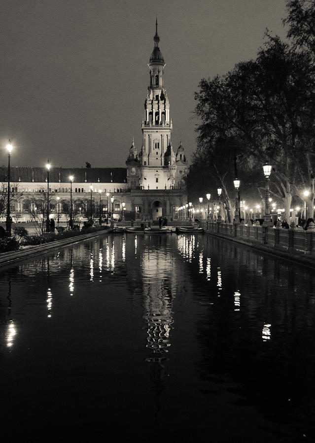 Seville - Plaza De Espana At Night in BW Photograph by AM FineArtPrints