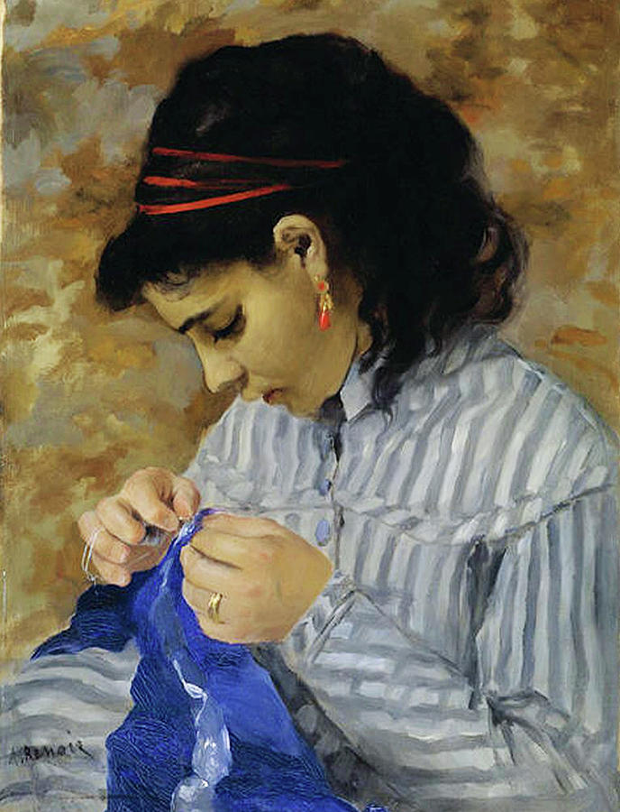 Sewing Vintage Girl Simpler Times Mixed Media by Pierre Auguste Renoir