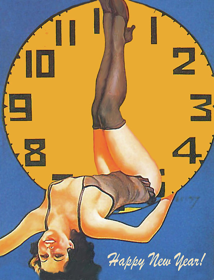 Sexy Painting - Sexy Pin Up Girl Showing The Exact Time With Her Beautiful Legs, Happy New Year by Long Shot Sexy Painting - Sexy Pin Up Girl Showing The Exact Time With Her Beautiful Legs, Happy New Year by Long Shot