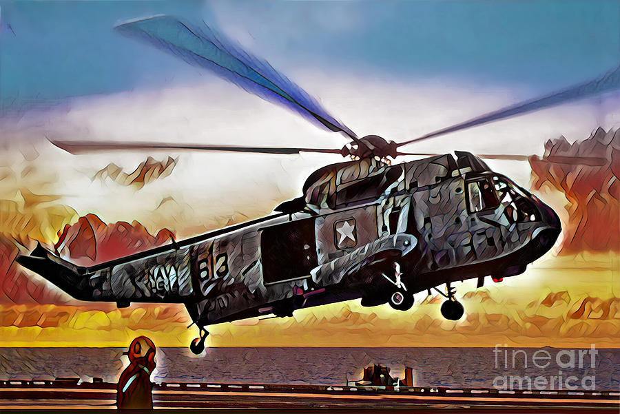 SH-3 Sea King Taking Off the USS Ranger Digital Art by Wernher Krutein