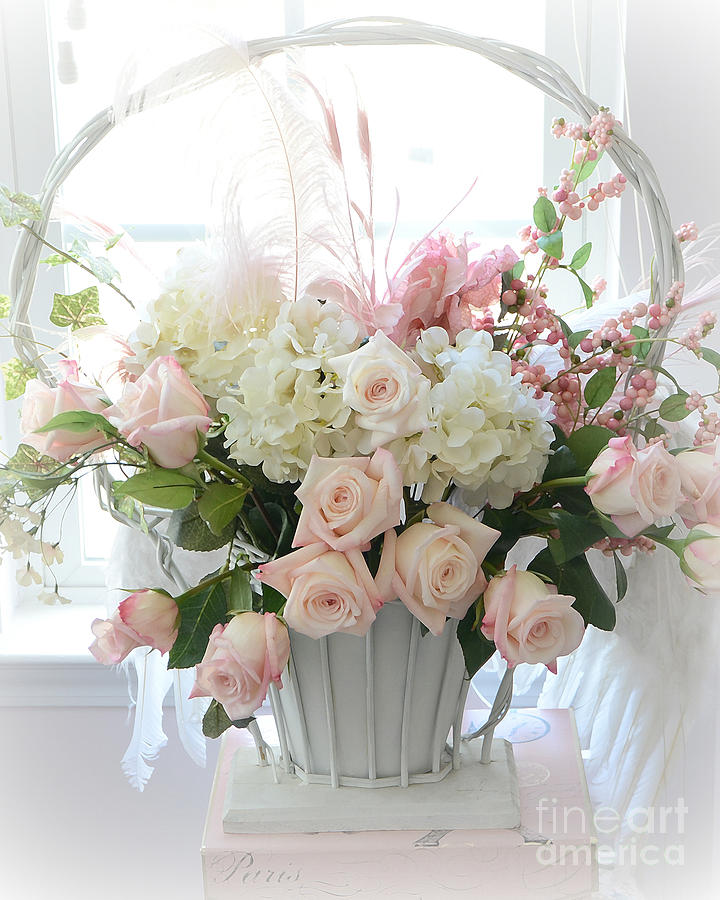 Shabby Chic Basket of White Hydrangeas - Pink Roses - Dreamy Shabby Chic Floral Basket of Roses Photograph by Kathy Fornal
