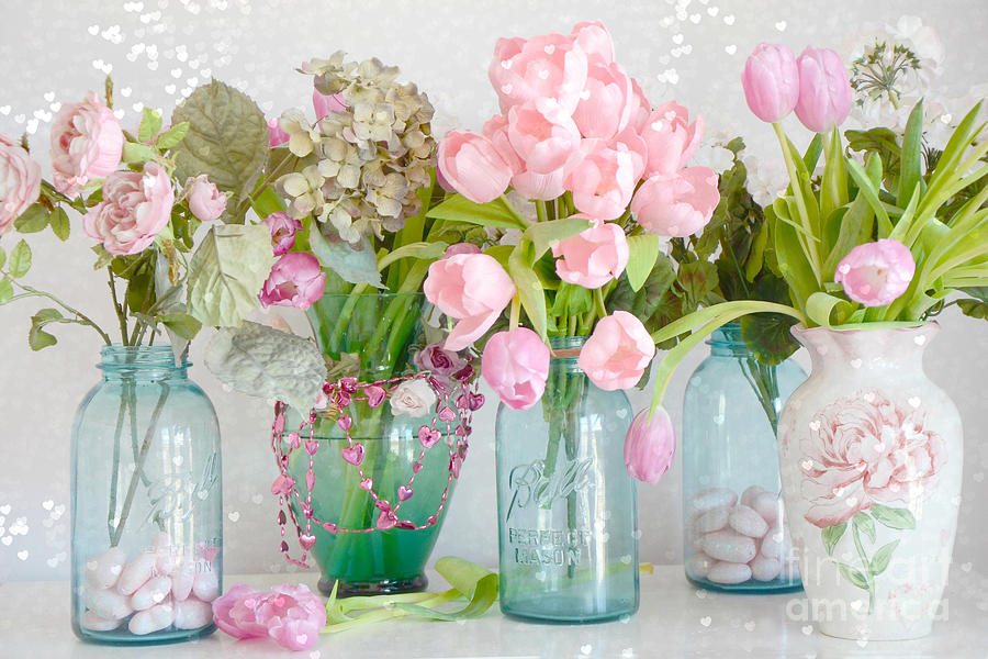 Shabby Chic Cottage Ball Jars and Tulips Floral Photography - Mason Ball Jars Floral Photography Photograph by Kathy Fornal