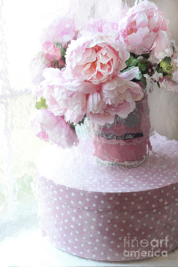 Shabby Chic Cottage Garden Pink Impressionistic Peonies - Romantic Pink Peonies Vintage Sugar Bucket Photograph by Kathy Fornal