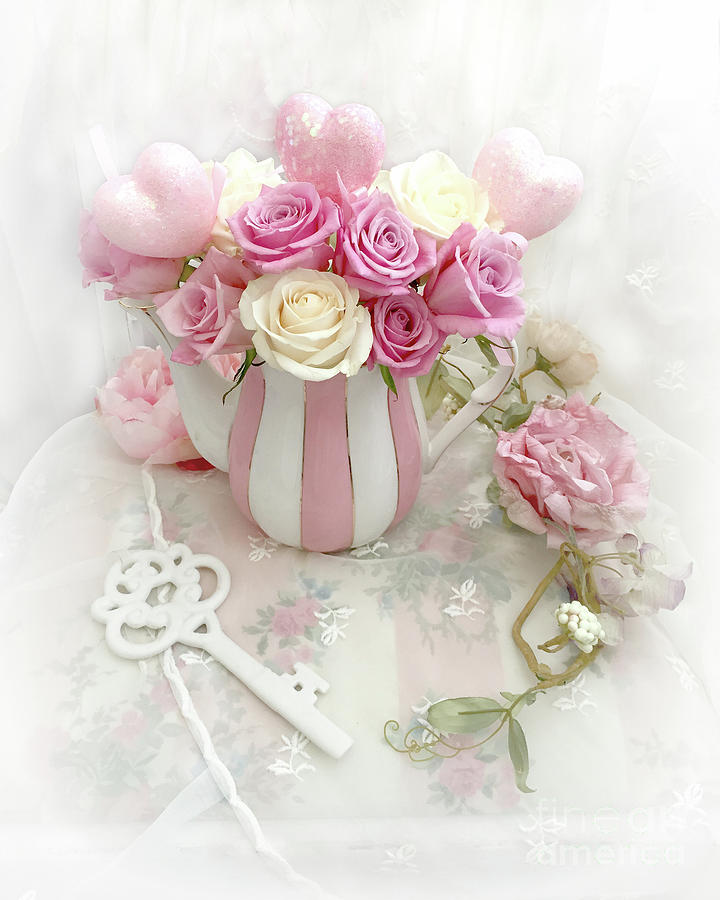 Shabby Chic Valentine Pink and Yellow Roses In Vase - Romantic Roses Skeleton Key Art Photograph by Kathy Fornal