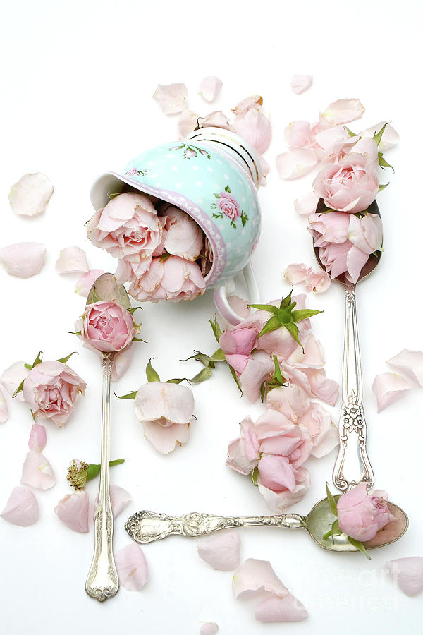 Rose Photograph - Shabby Chic Cottage Pink Aqua Roses Kitchen Art - Vintage Spoons Roses Kitchen Decor by Kathy Fornal
