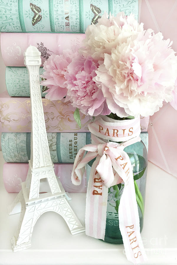 Parisian Cottage Pink Peonies With Eiffel Tower and Books - Shabby Cottage Peony Eiffel Tower Art Photograph by Kathy Fornal
