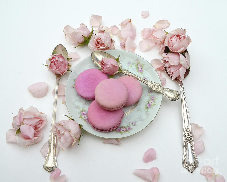 Shabby Chic Cottage Pink Roses Macarons Vintage Spoon Art  Photograph by Kathy Fornal