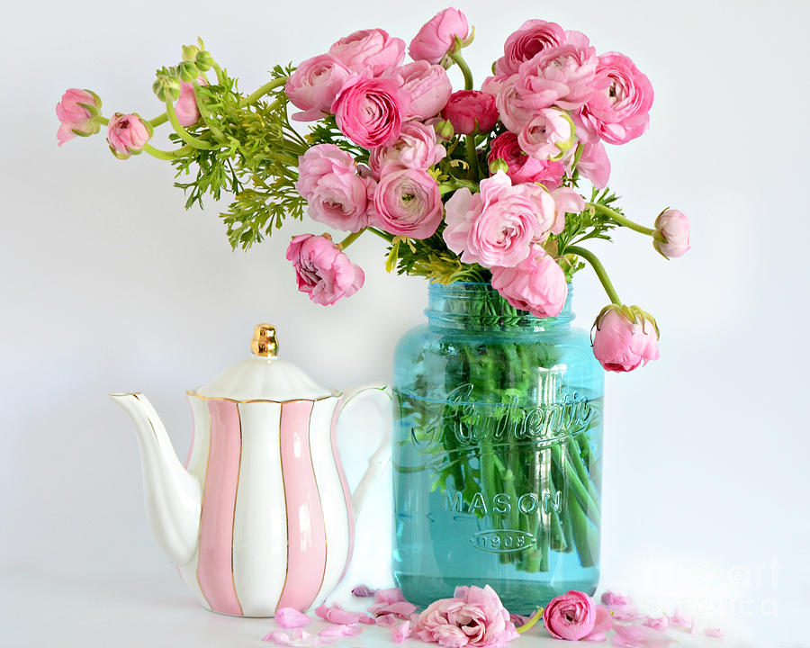 Shabby Chic Cottage Ranunculus Roses Peonies Pink Aqua Cottage Floral Prints Home Decor  Photograph by Kathy Fornal