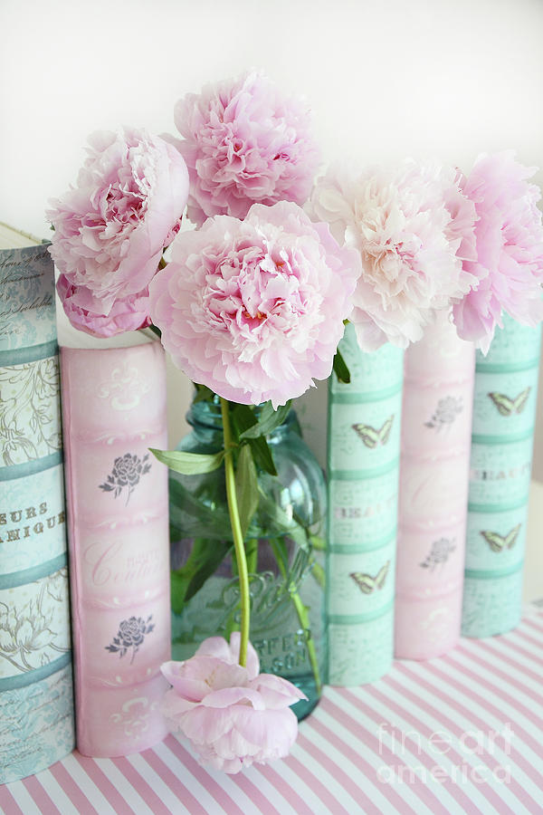 Shabby Chic Pink Aqua Peonies Books Print - Shabby Chic Peonies Aqua Pink Books Wall Art Home Decor  Photograph by Kathy Fornal