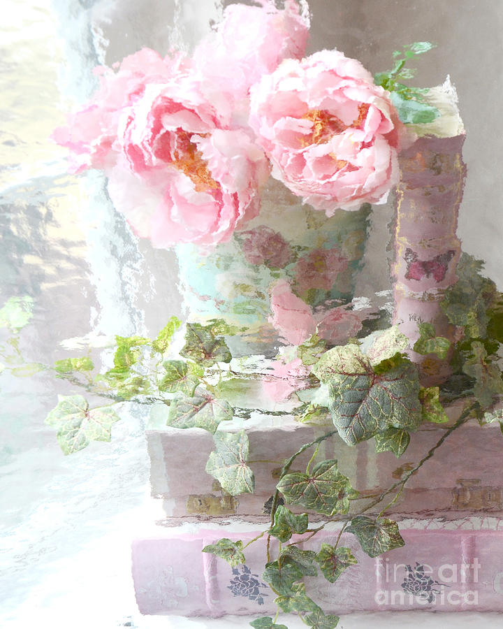Shabby Chic Pink Peonies Impressionistic Romantic Dreamy Cottage Peonies On Pink Books Photograph by Kathy Fornal