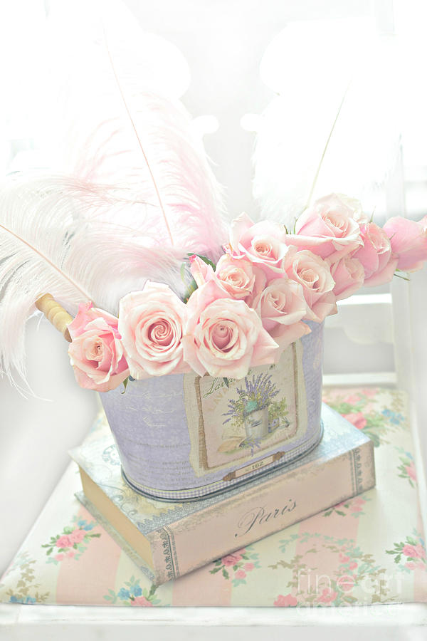 Shabby Chic Pink Roses Photograph - Shabby Chic Pink Roses On Paris Books - Romantic Dreamy Floral Roses In Bucket by Kathy Fornal