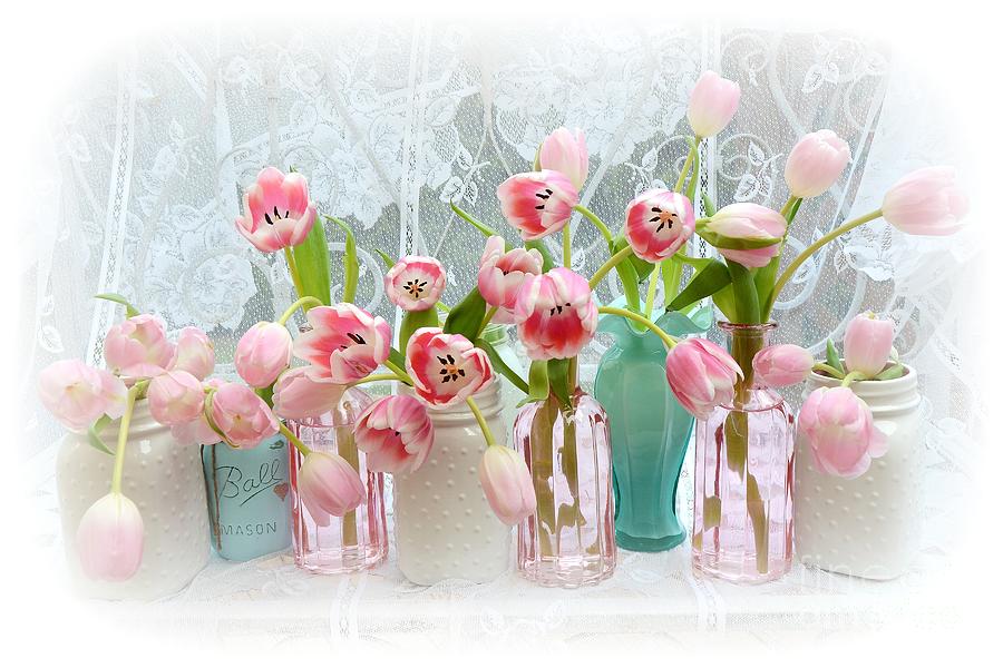 Tulip Photograph - Shabby Chic Pink Tulips - Romantic Cottage Pink Aqua White Tulips Mason Jars by Kathy Fornal