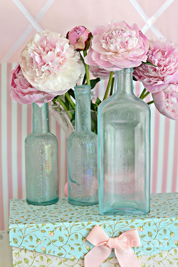 Shabby Chic Pink White Aqua Peonies With Vintage Aqua Bottles - Romantic Shabby Chic Peonies Photograph by Kathy Fornal