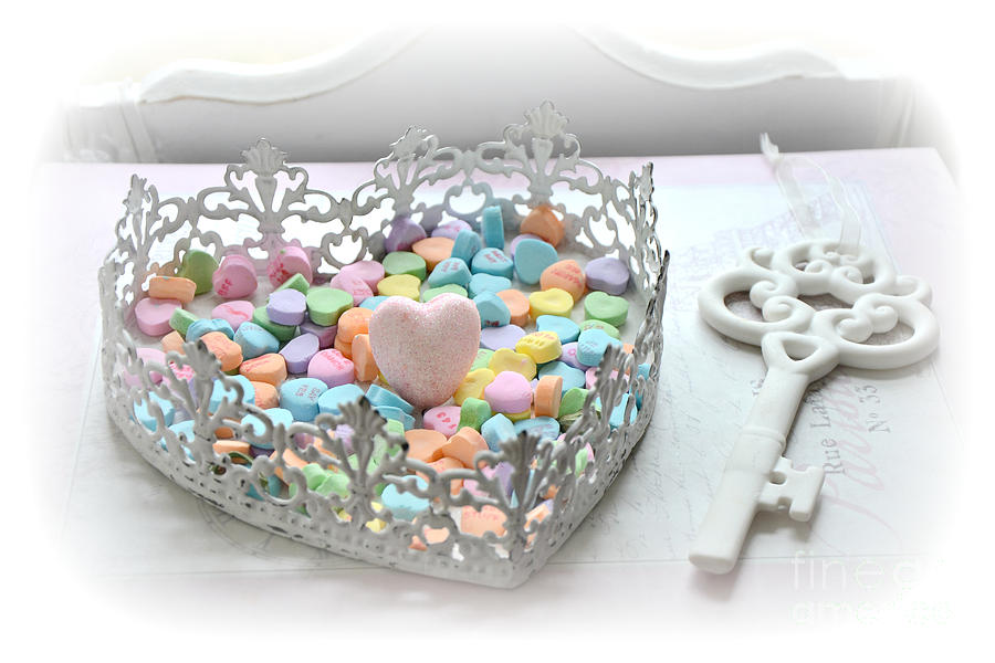 Shabby Chic Romantic Candy Hearts With White Key - Romantic Valentine Candy Hearts  Photograph by Kathy Fornal