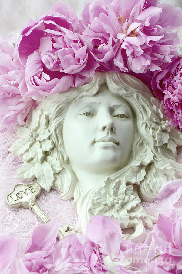 Shabby Chic Romantic Peonies With Angel Sculpture - Dreamy Peonies Love Angelic Sculpture Art Photograph by Kathy Fornal