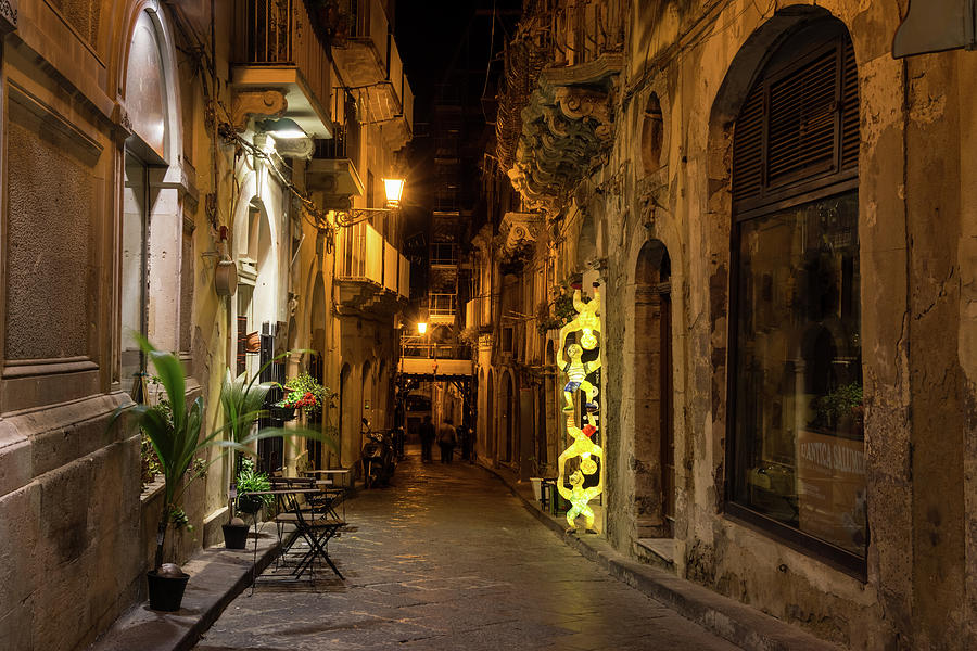 Shabby Chic - Small Street Night Walk in Syracuse Sicily Photograph by Georgia Mizuleva