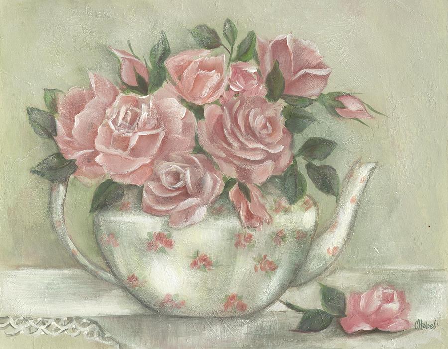 Shabby teapot rose painting Painting by Chris Hobel
