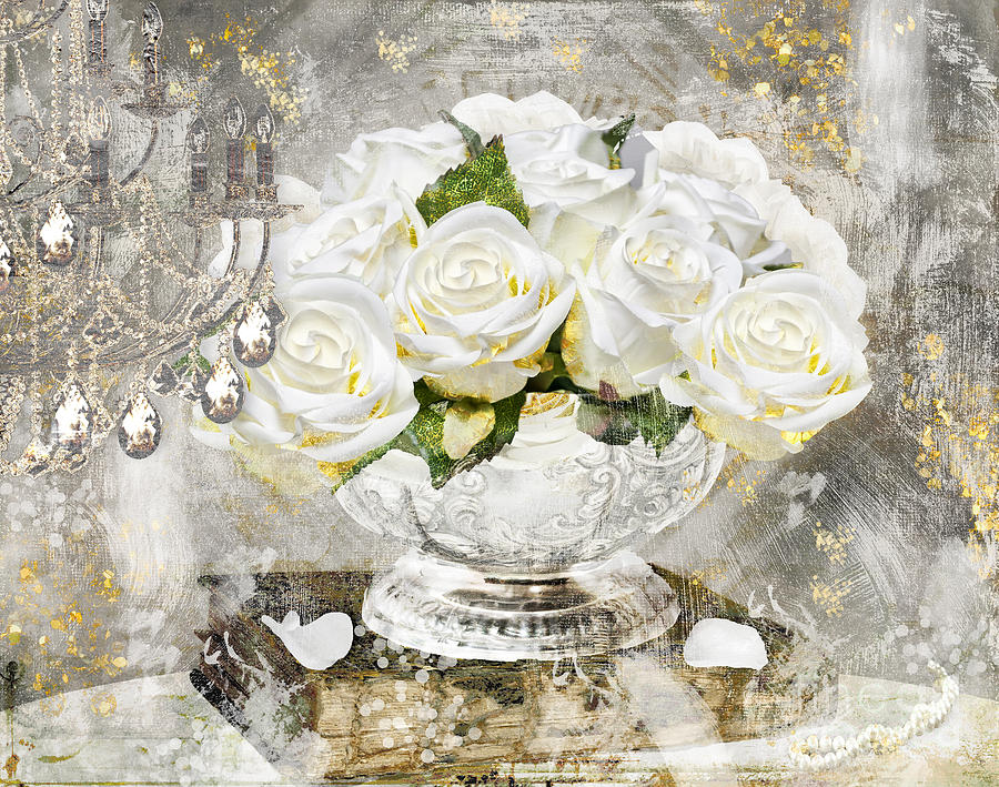 White Roses Painting - Shabby White Roses with Gold Glitter by Mindy Sommers