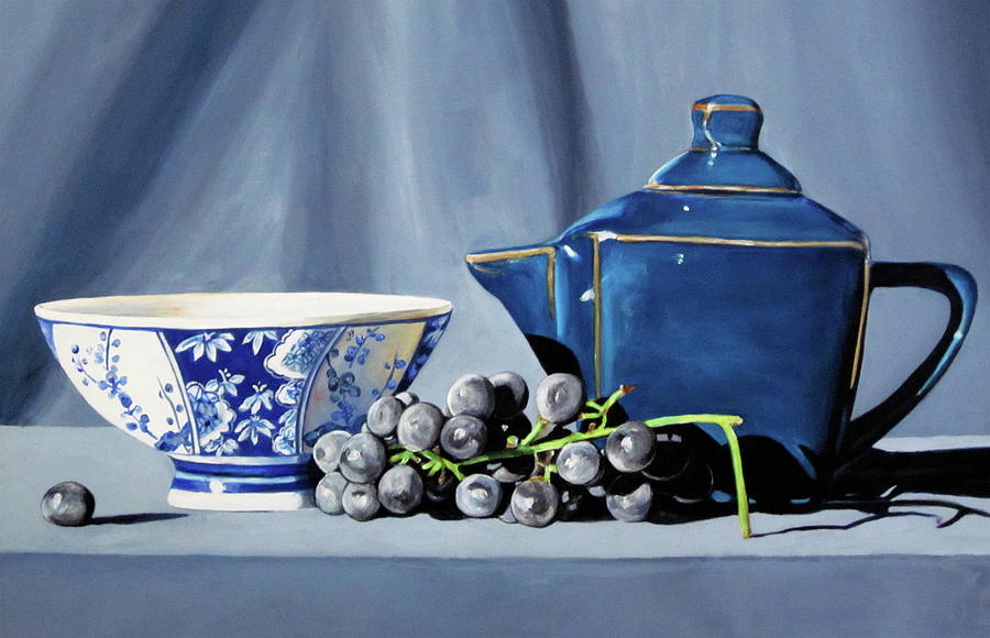 Grape Painting - Shades of blue teapot and grapes by Lillian Bell