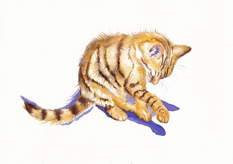Cat Painting - Shadow Boxing - Tabby Kitten by Debra Hall