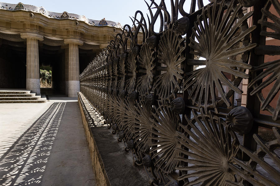 Shadow Play - a Whimsical Wrought Iron Fence by Antoni Gaudi - Park Guell Barcelona Photograph by Georgia Mizuleva