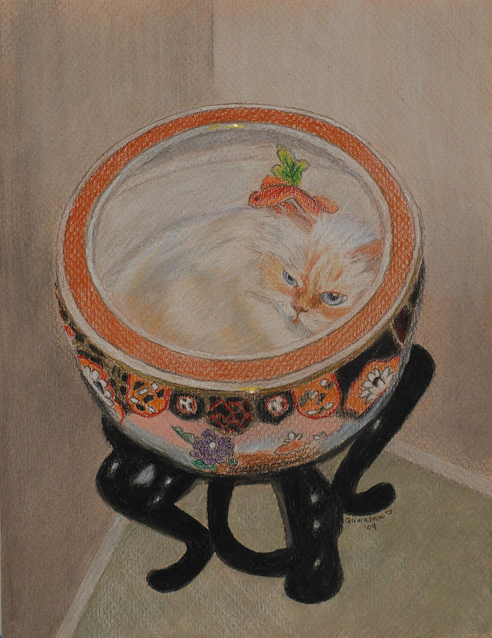 Cat Drawing - Shakespeare in a Chinese Fishbowl by Quwatha Valentine