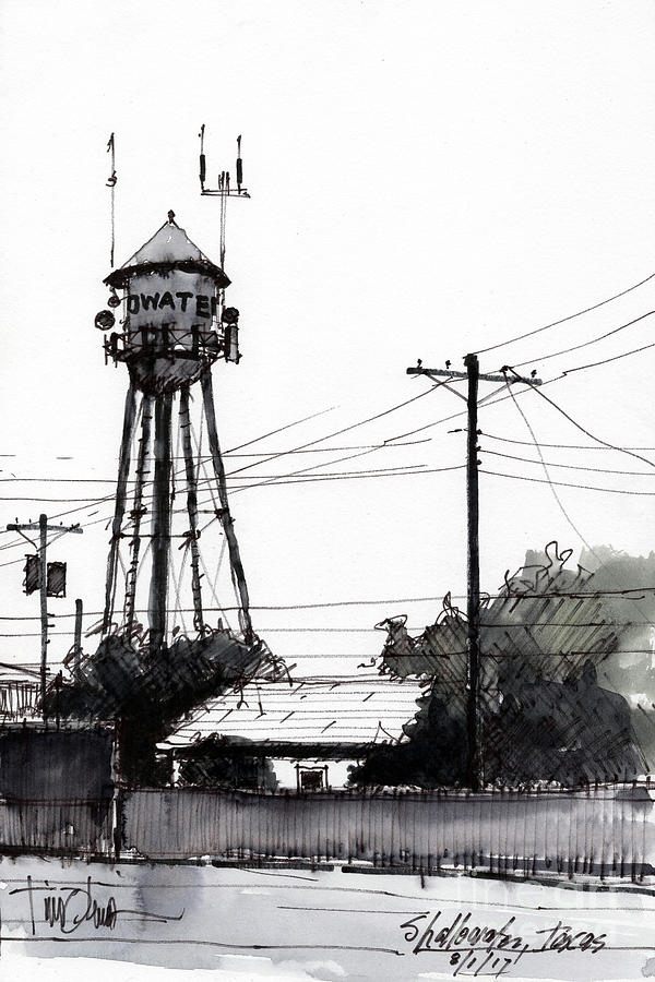Shallowater Water Tower Sketch Painting by Tim Oliver