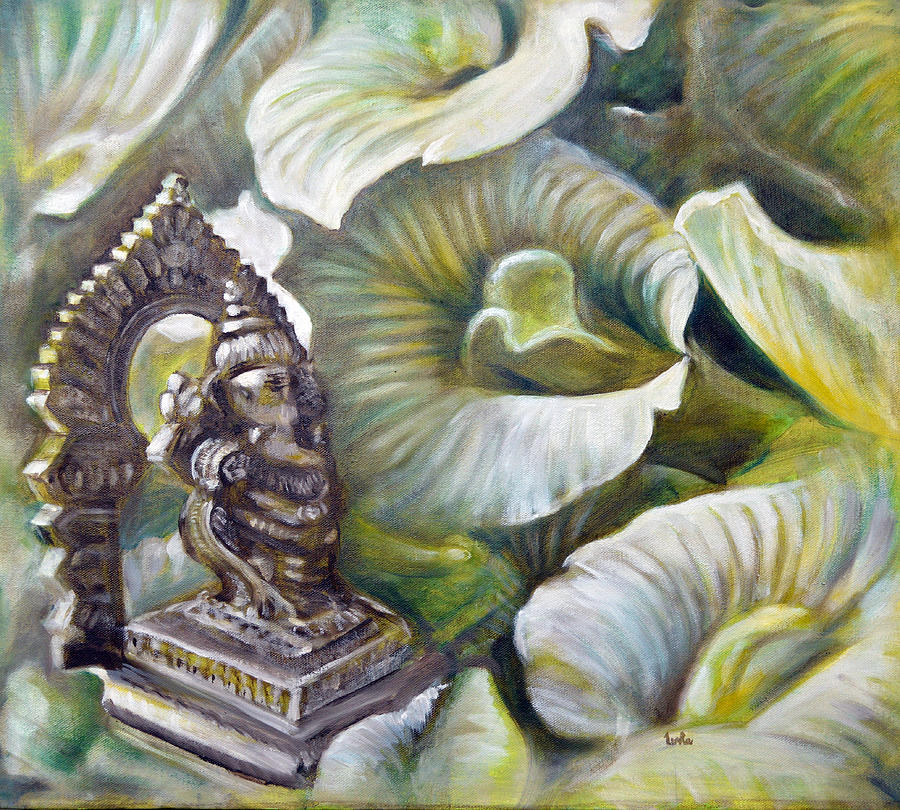 Flowers Still Life Painting - Shankupushpa Ganesha by Usha Shantharam