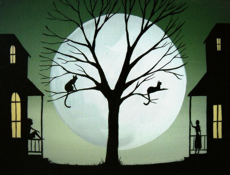 Sharing The Moon - cat silhouette art Painting by Debbie Criswell