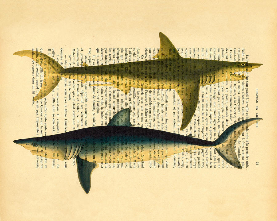 Fish Digital Art - Sharks on dictionary art paper background by Madame Memento