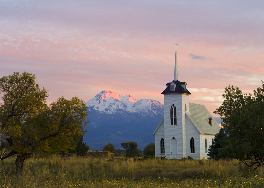 Shasta Alpenglow with Historic Church Photograph by Loree Johnson