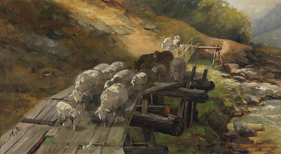 Sheep Across A River Painting by Mountain Dreams